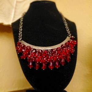 Gunmetal Red Faceted Beaded Statement Necklace Cluster Beads Chacha Stunning!
